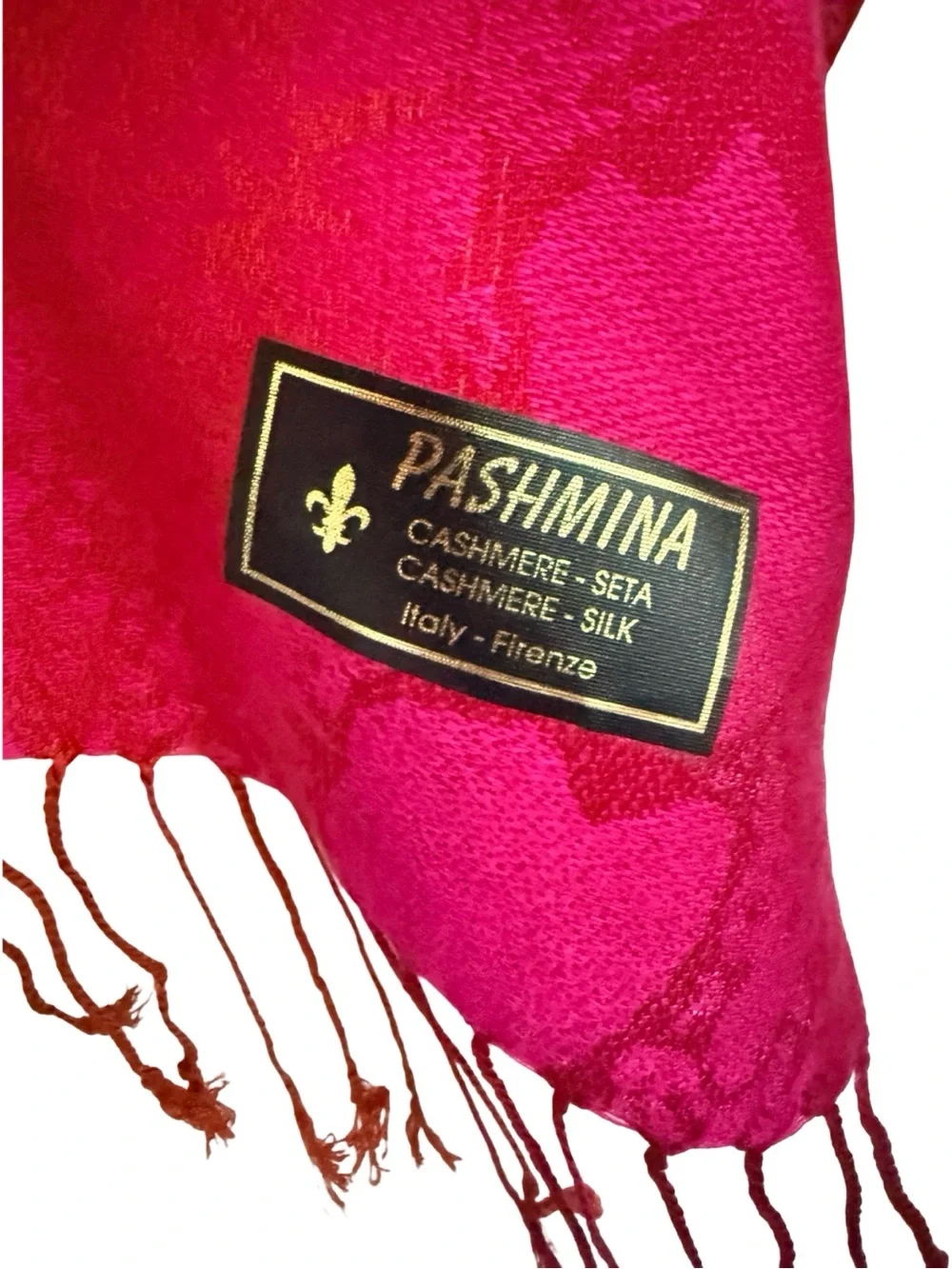 Pashmina Cashmere Silk Wrap Shawl Hot Pink Jacquard Fringe Italy Firenze